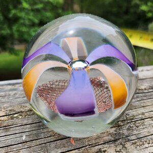 Vintage Handblown Glass Paperweight With Purple & Amber Swirls Copper Mesh Cente